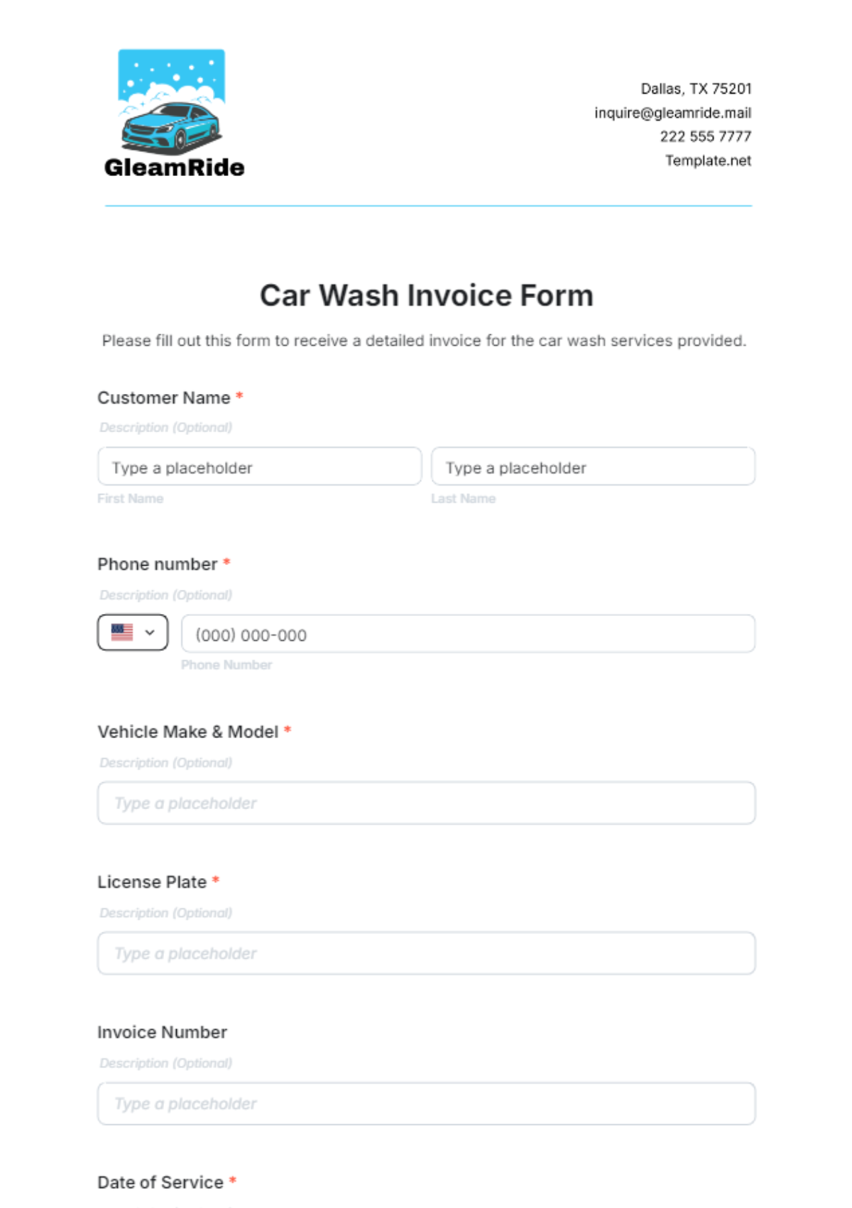 Car Wash Invoice Form Template - Edit Online & Download