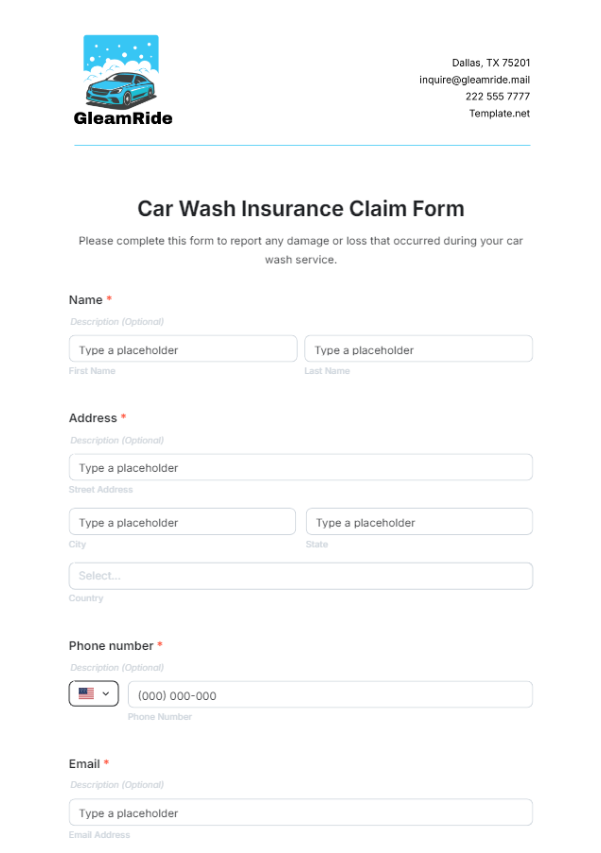 Car Wash Insurance Claim Form Template - Edit Online & Download