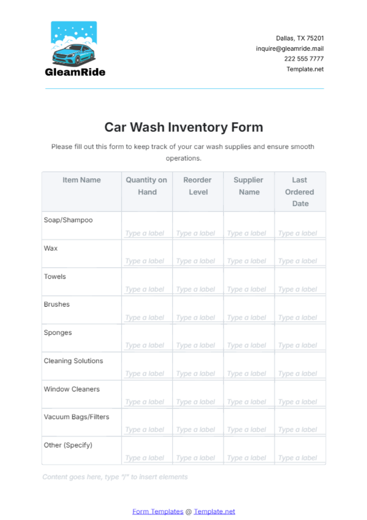 Car Wash Inventory Form Template - Edit Online & Download