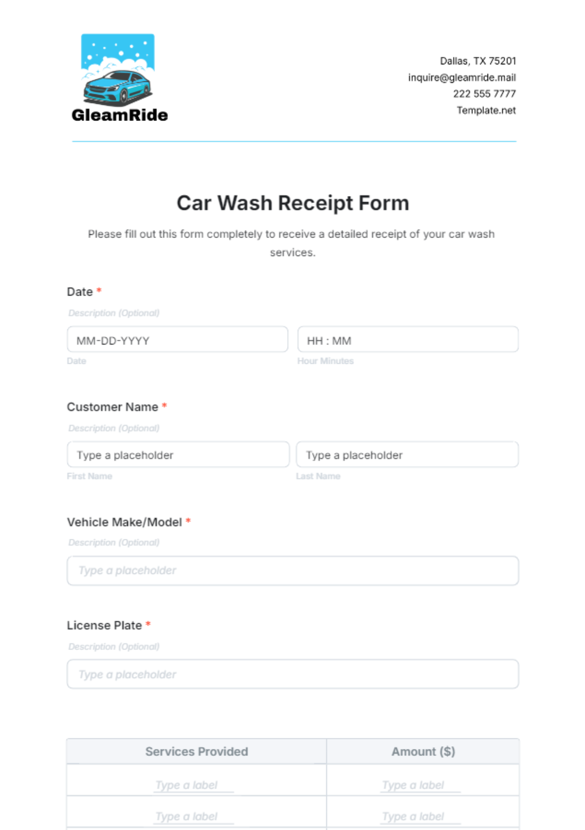 Free Car Wash Receipt Form Template to Edit Online