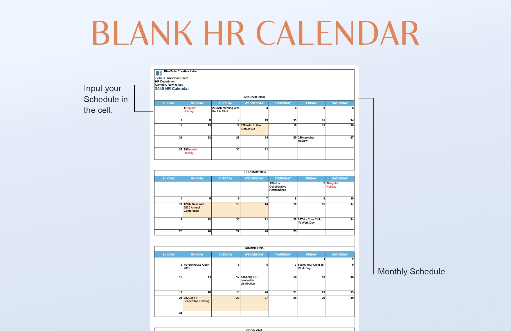 Blank HR Calendar Template
