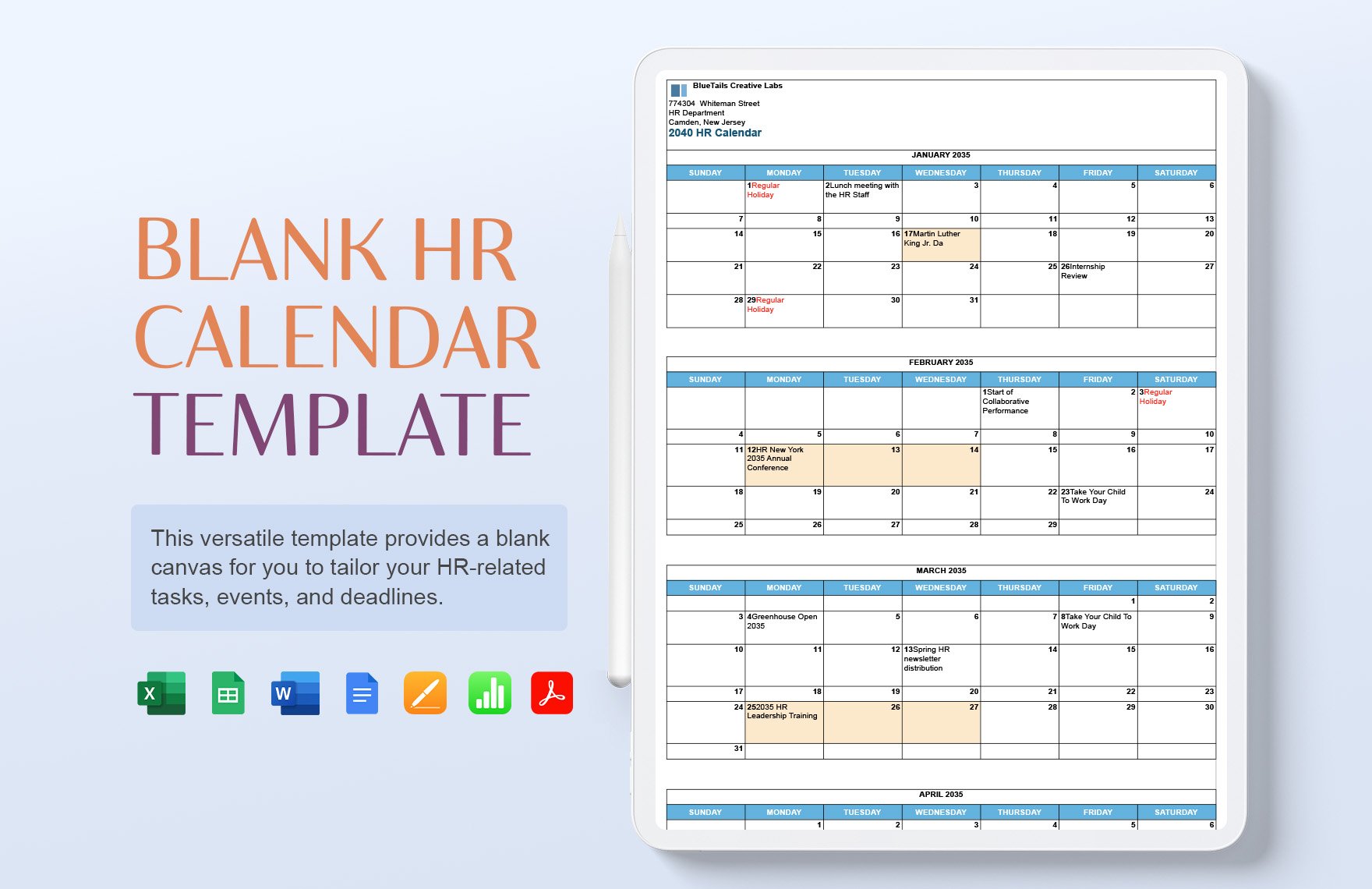 Free Blank HR Calendar Template in Word, Google Docs, Excel, PDF, Google Sheets, Apple Pages, Apple Numbers