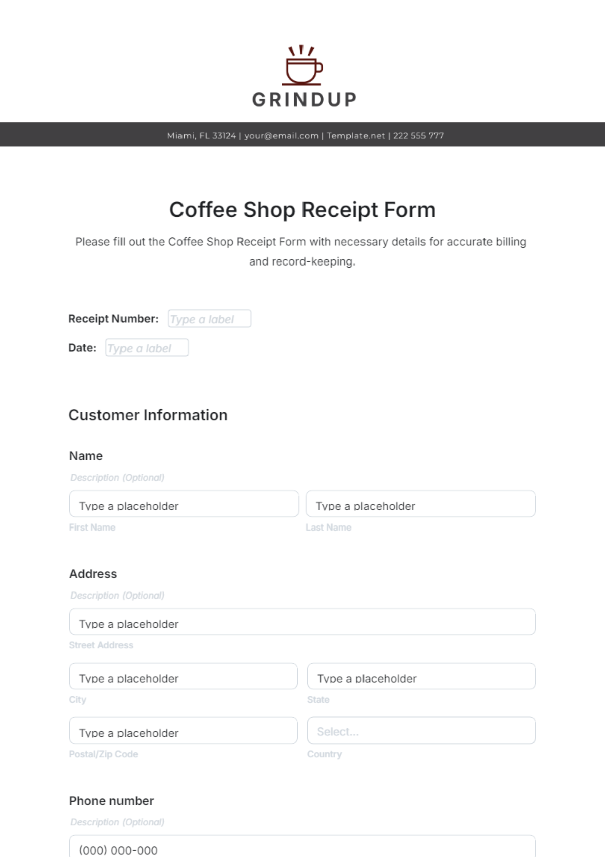 Coffee Shop Receipt Form Template