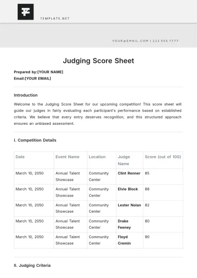 Free Judging Score Sheet Template to Edit Online