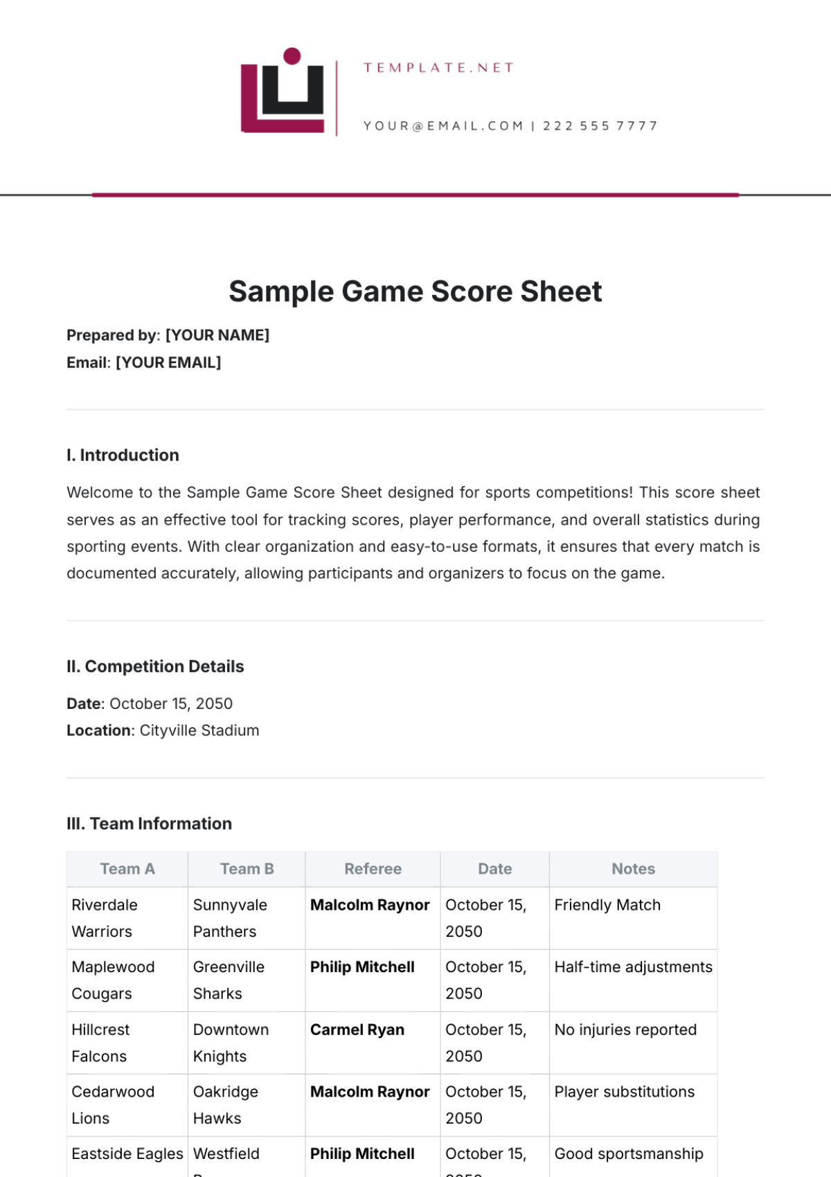 Sample Game Score Sheet Template - Edit Online & Download