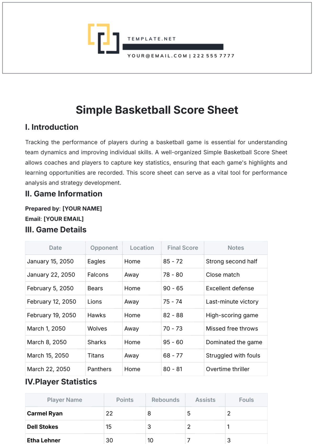 Simple Basketball Score Sheet Template - Edit Online & Download