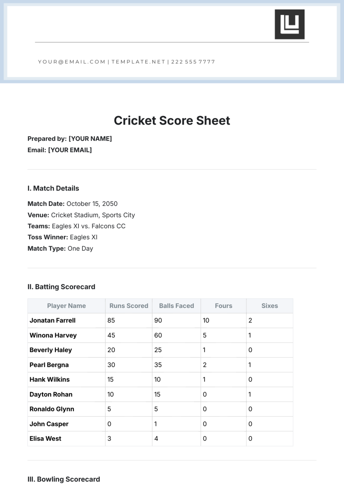 Cricket Score Sheet Template - Edit Online & Download