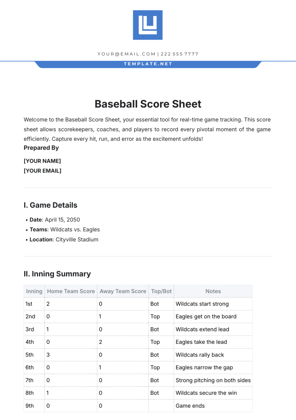 Baseball Score Sheet Template - Edit Online & Download