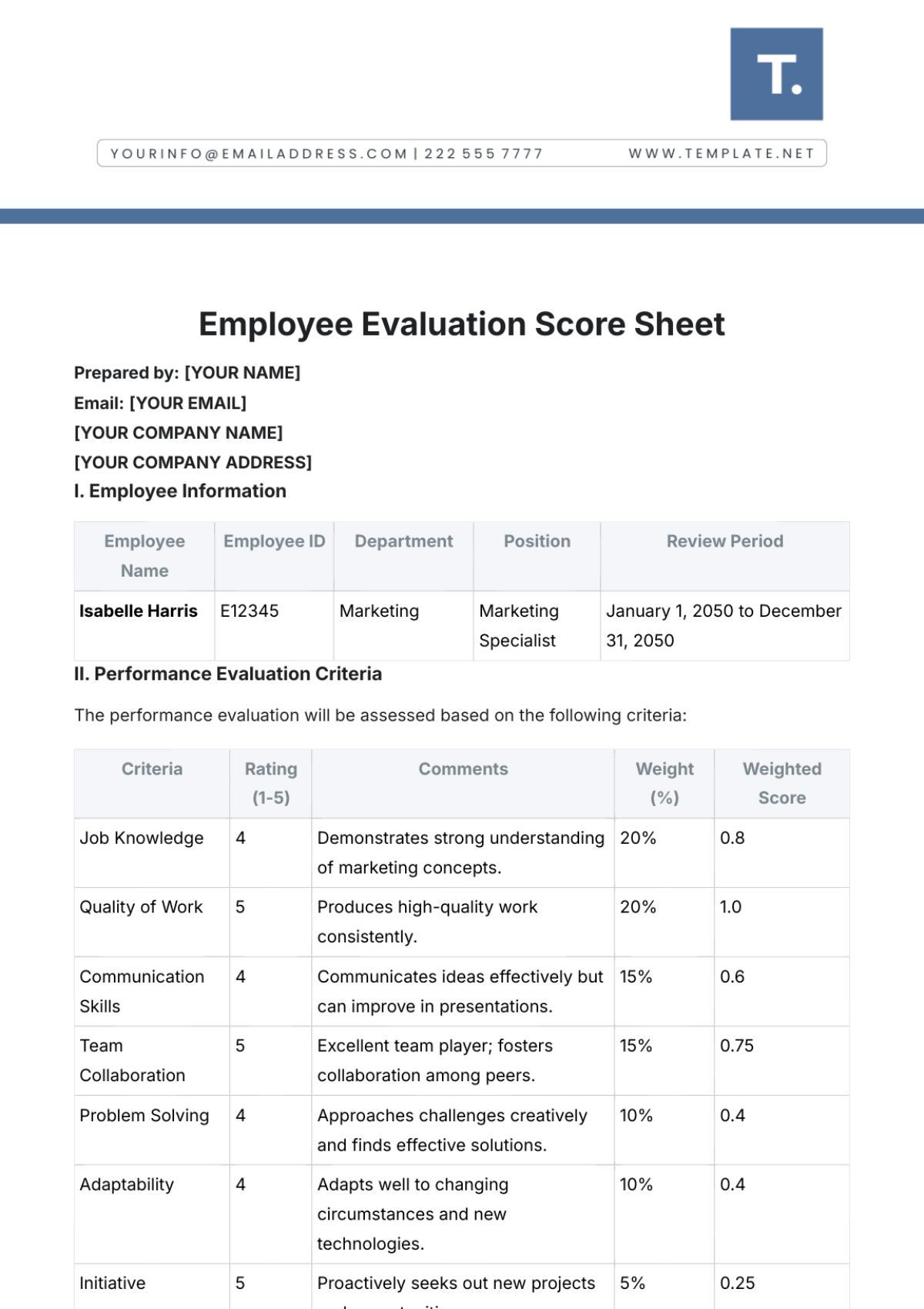 Employee Evaluation Score Sheet Template - Edit Online & Download