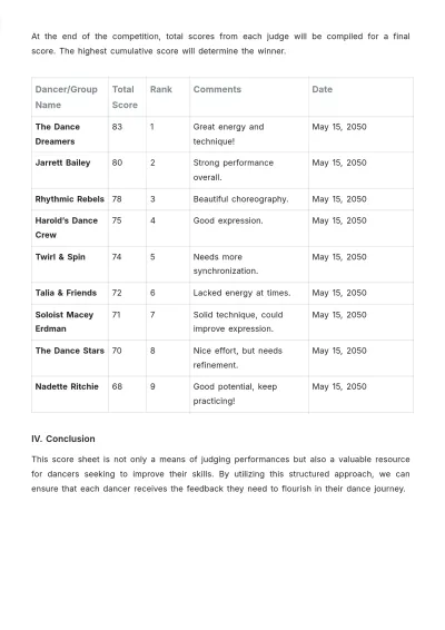 Free Dance Competition Score Sheet Template to Edit Online