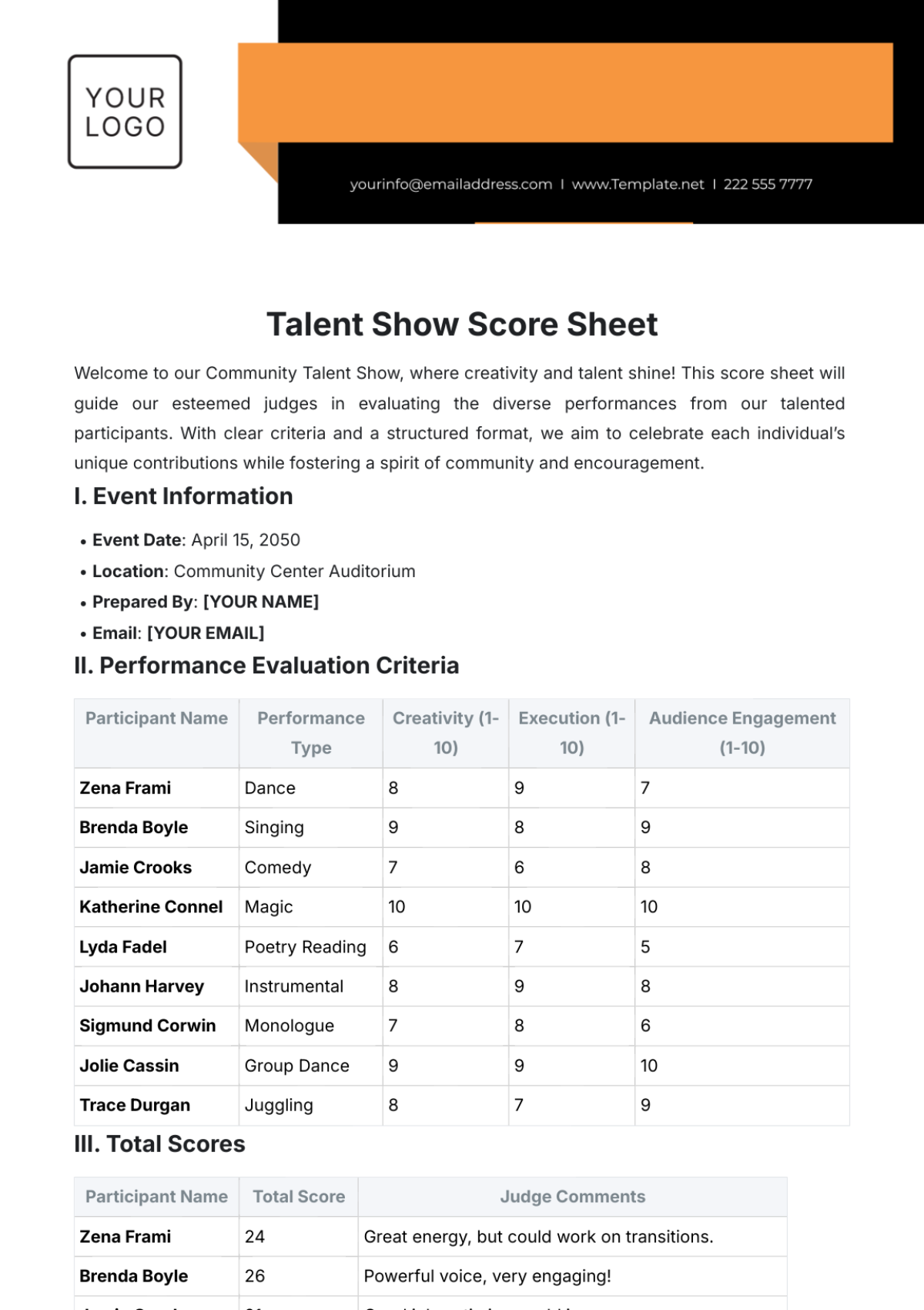 Talent Show Score Sheet Template - Edit Online & Download