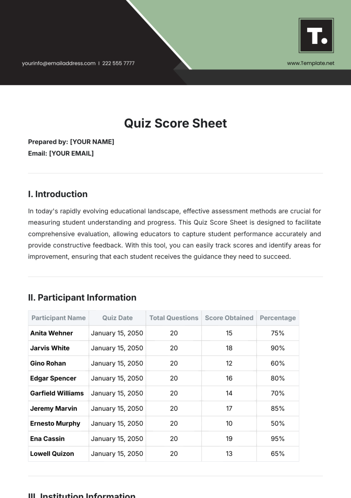 Quiz Score Sheet Template - Edit Online & Download