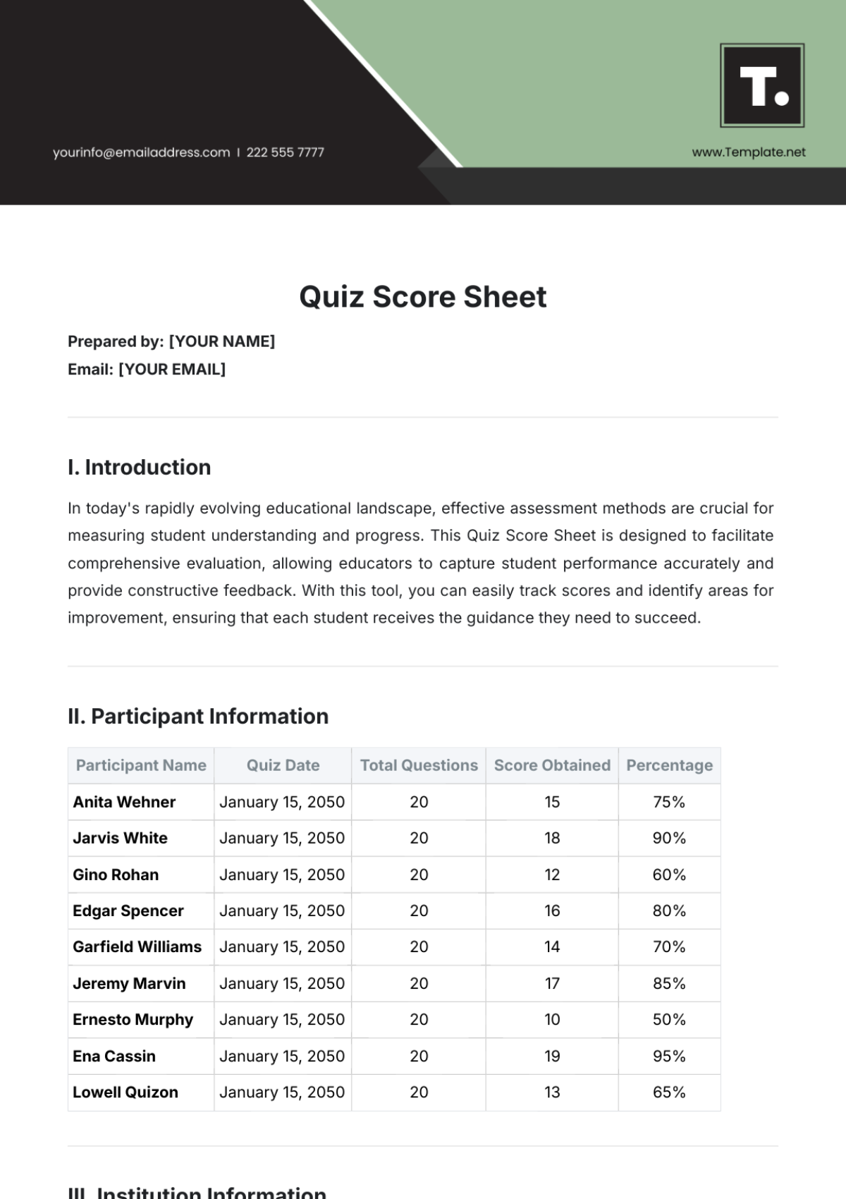Free Quiz Score Sheet Template To Edit Online