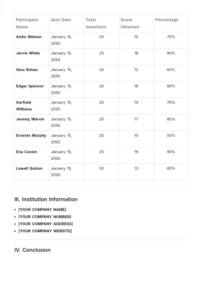 Free Quiz Score Sheet Template to Edit Online | Template.net to Edit Online