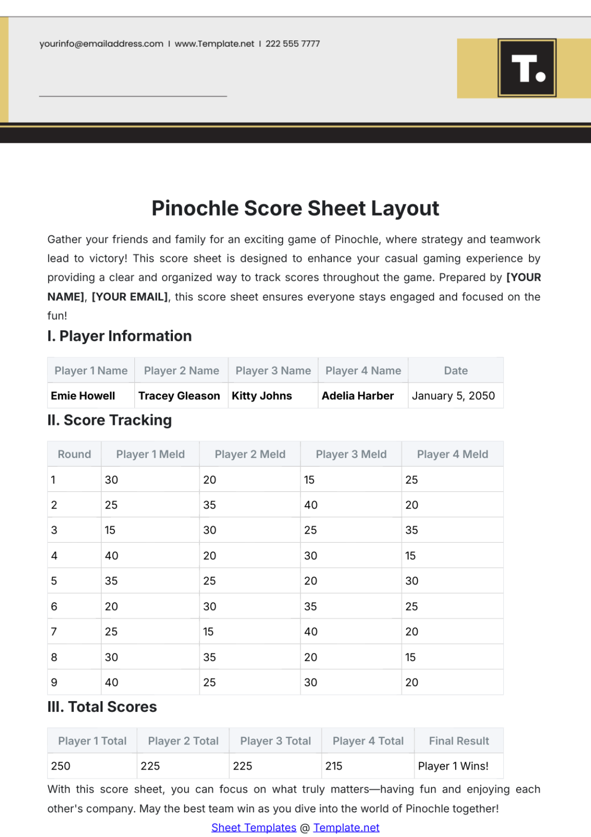 Pinochle Score Sheet Layout Template - Edit Online & Download