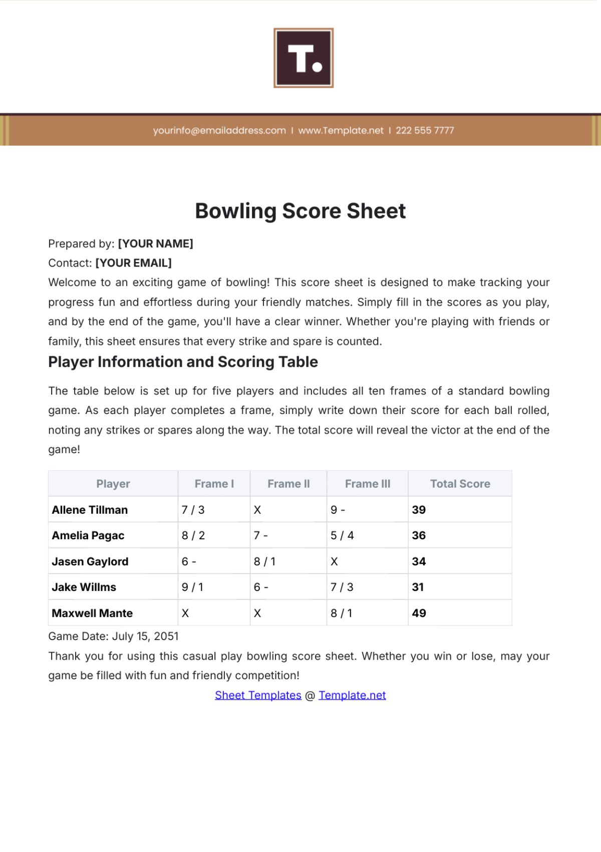 Bowling Score Sheet Template - Edit Online & Download