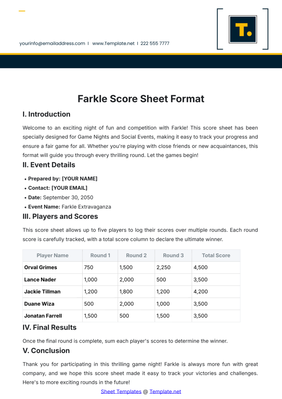 Farkle Score Sheet Format Template - Edit Online & Download