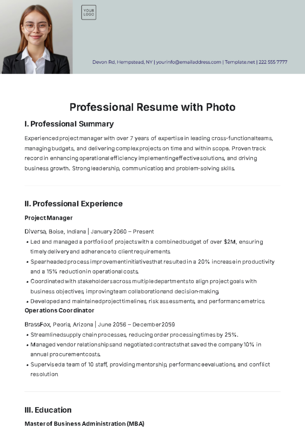 Professional Resume Template with Photo