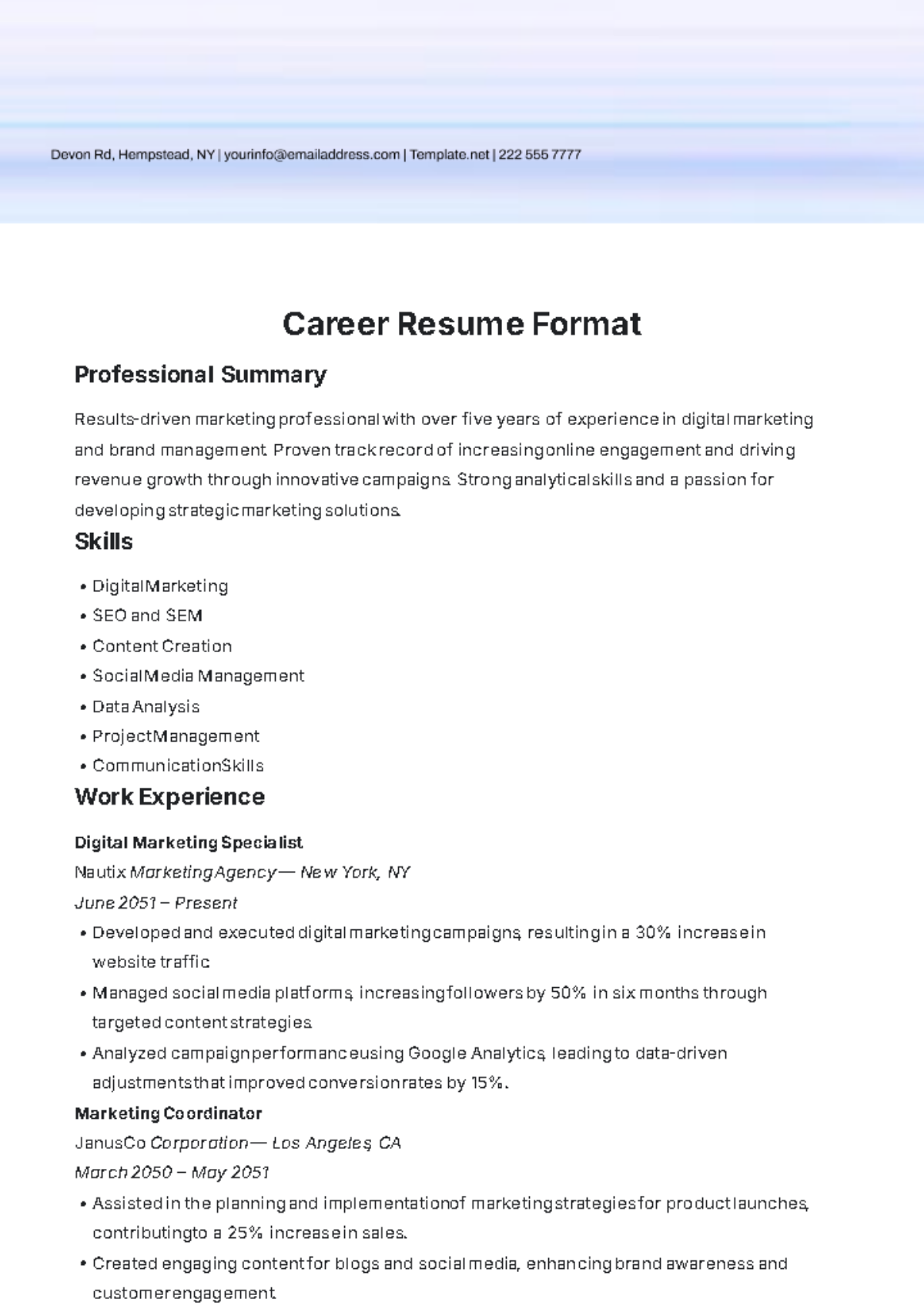 Career Resume Format Template