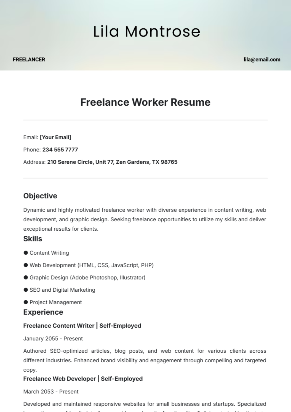 Freelance Worker Resume Template - Edit Online & Download