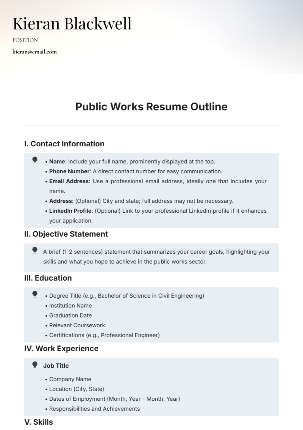 Public Works Resume Outline Template - Edit Online & Download