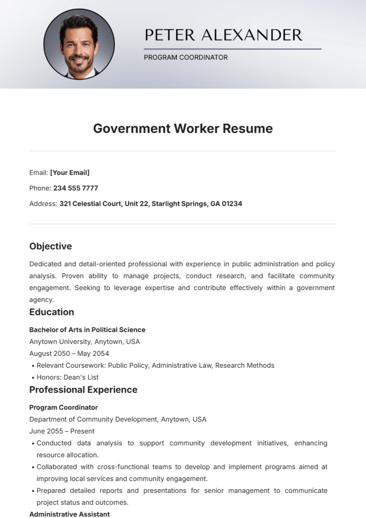 Government Worker Resume Template - Edit Online & Download