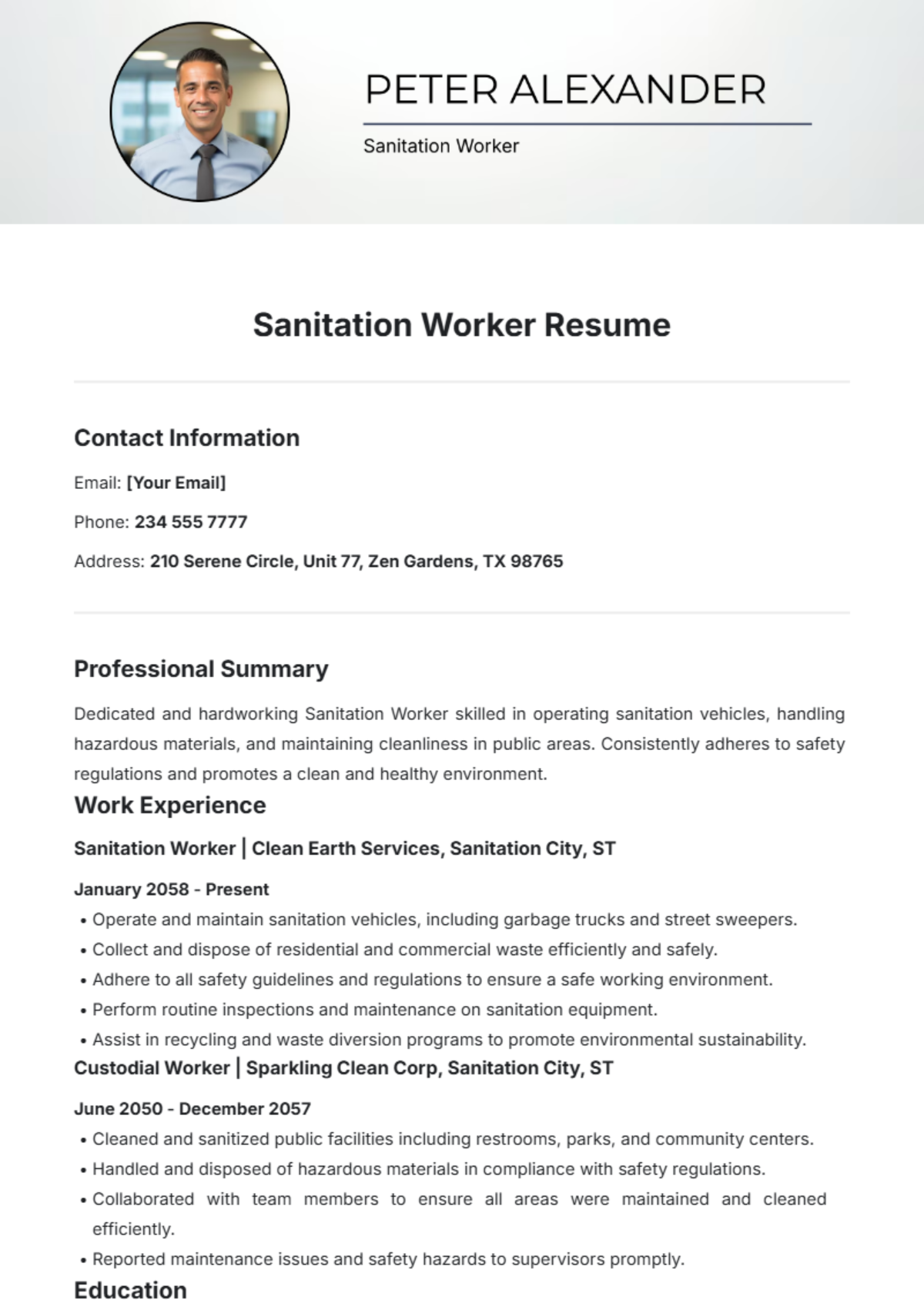 Sanitation Worker Resume Template - Edit Online & Download