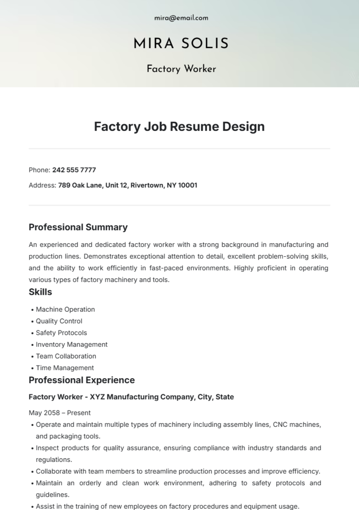 Factory Job Resume Design Template - Edit Online & Download