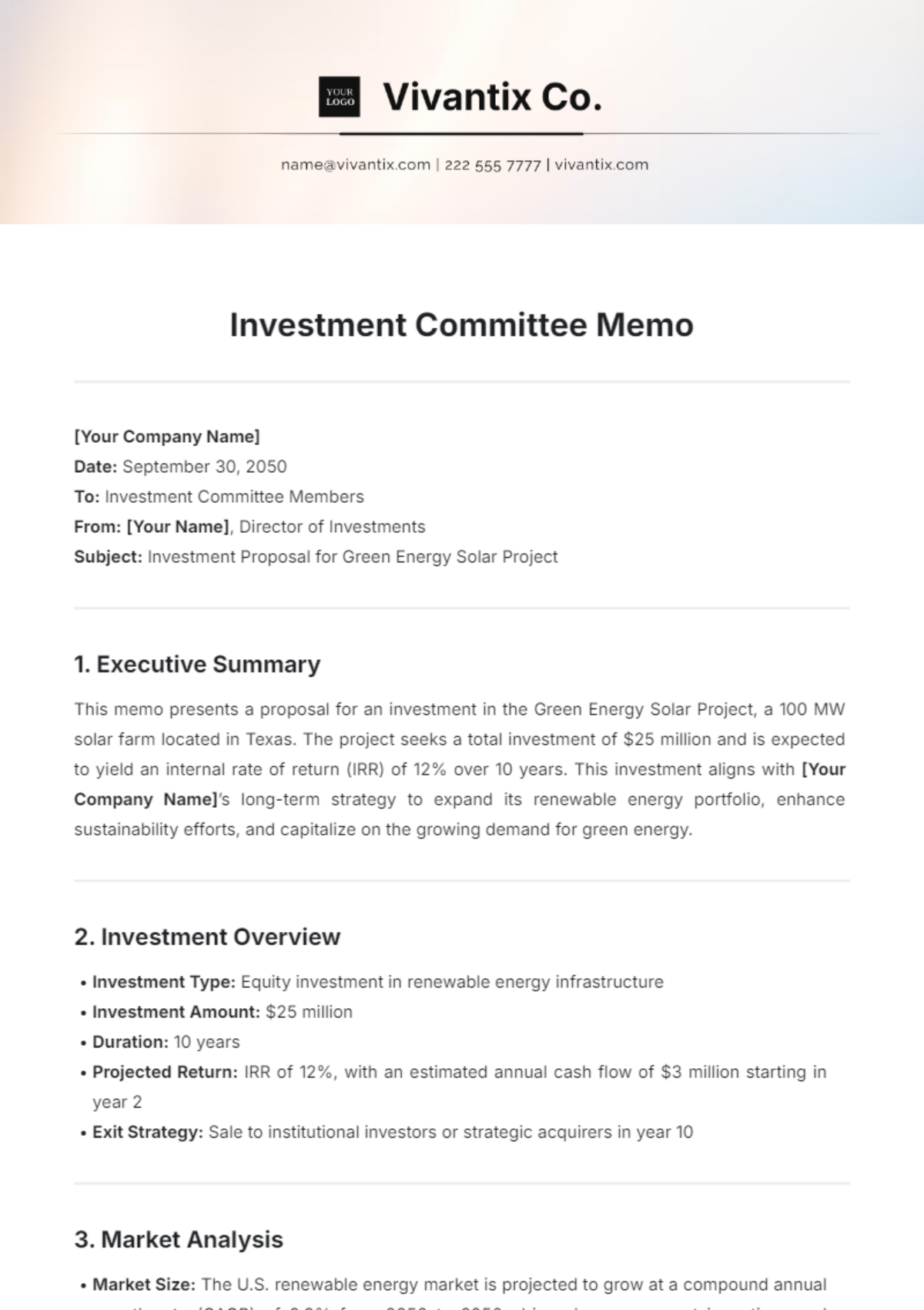 Investment Committee Memo Template - Edit Online & Download