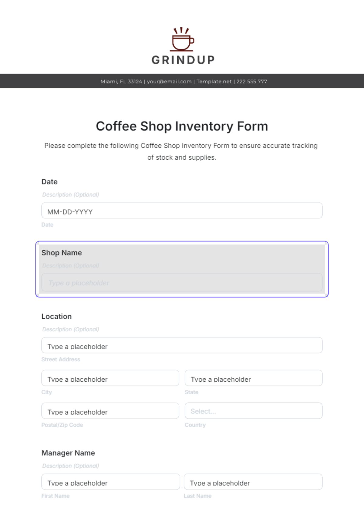 Coffee Shop Inventory Form Template