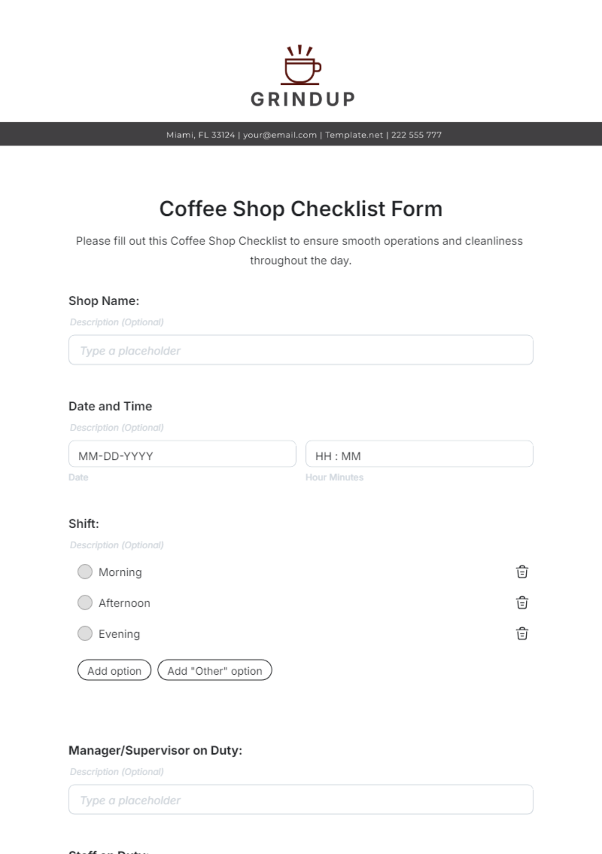 Coffee Shop Checklist Form Template