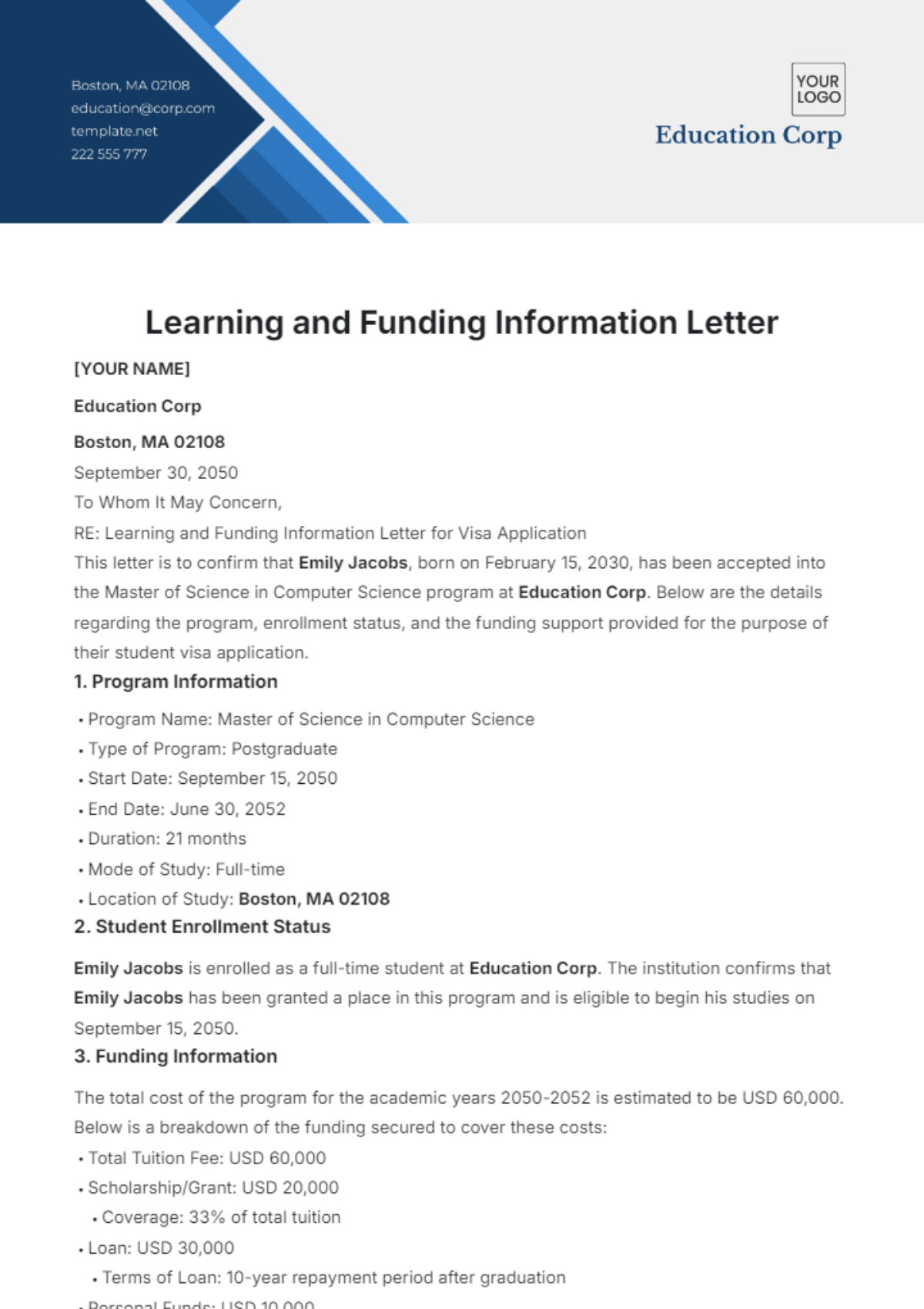 Learning and Funding Information Letter Template