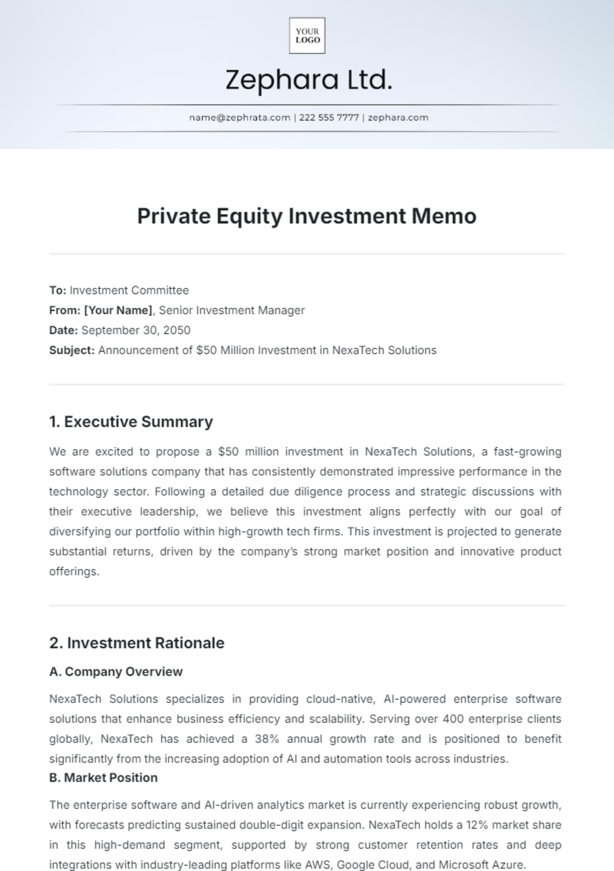 Private Equity Investment Memo Template - Edit Online & Download