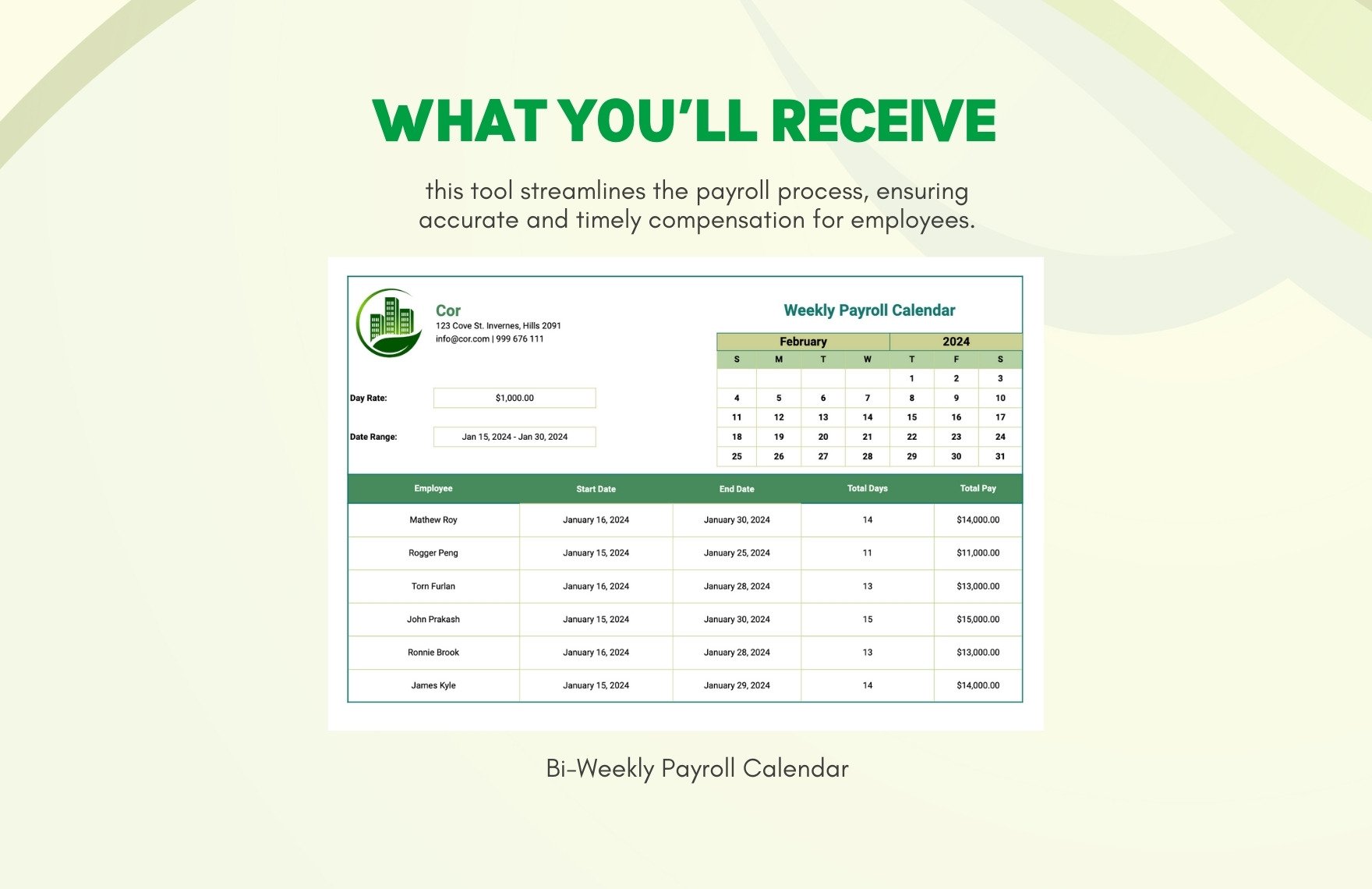 Bi-Weekly Payroll Calendar Template