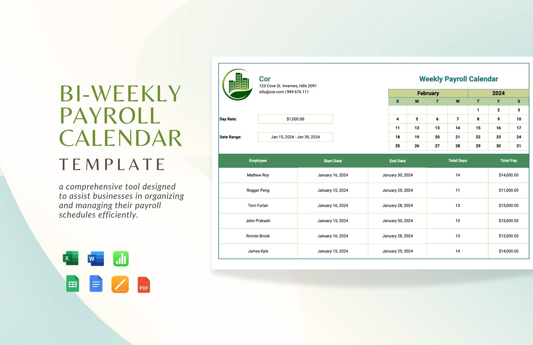 Bi-Weekly Payroll Calendar Template in Word, Google Docs, Excel, PDF, Google Sheets, Apple Pages, Apple Numbers