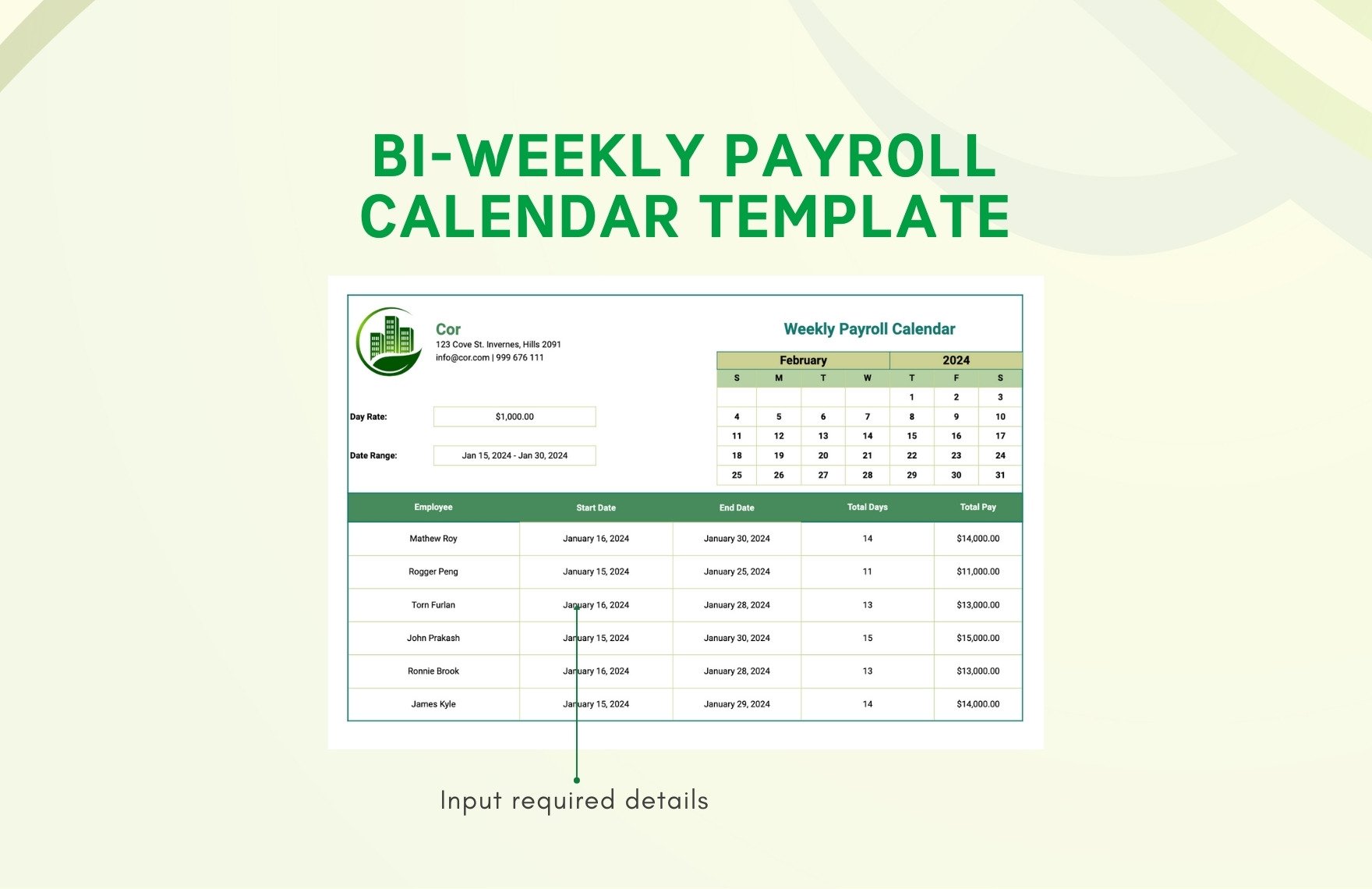 Bi-Weekly Payroll Calendar Template
