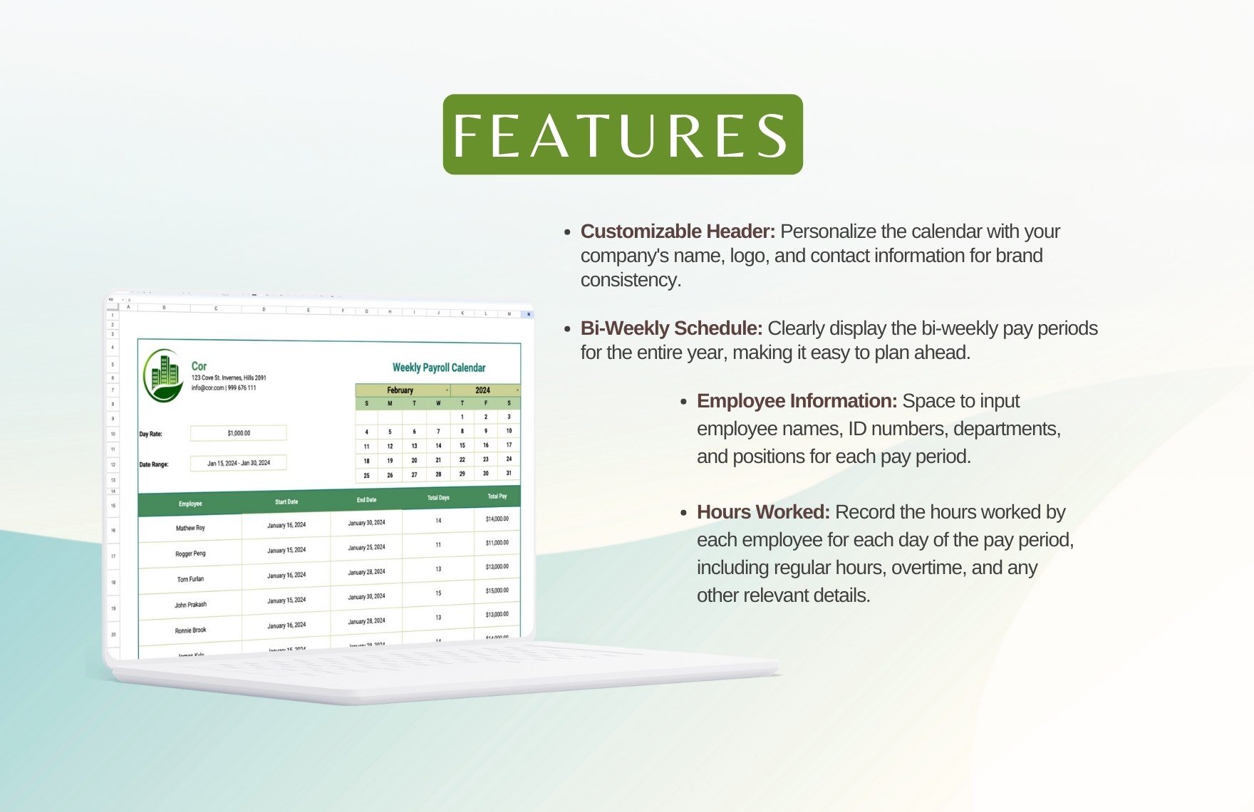 Bi-Weekly Payroll Calendar Template