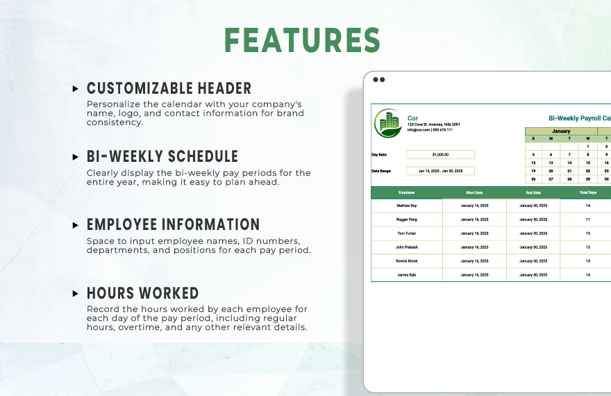 Bi-Weekly Payroll Calendar Template