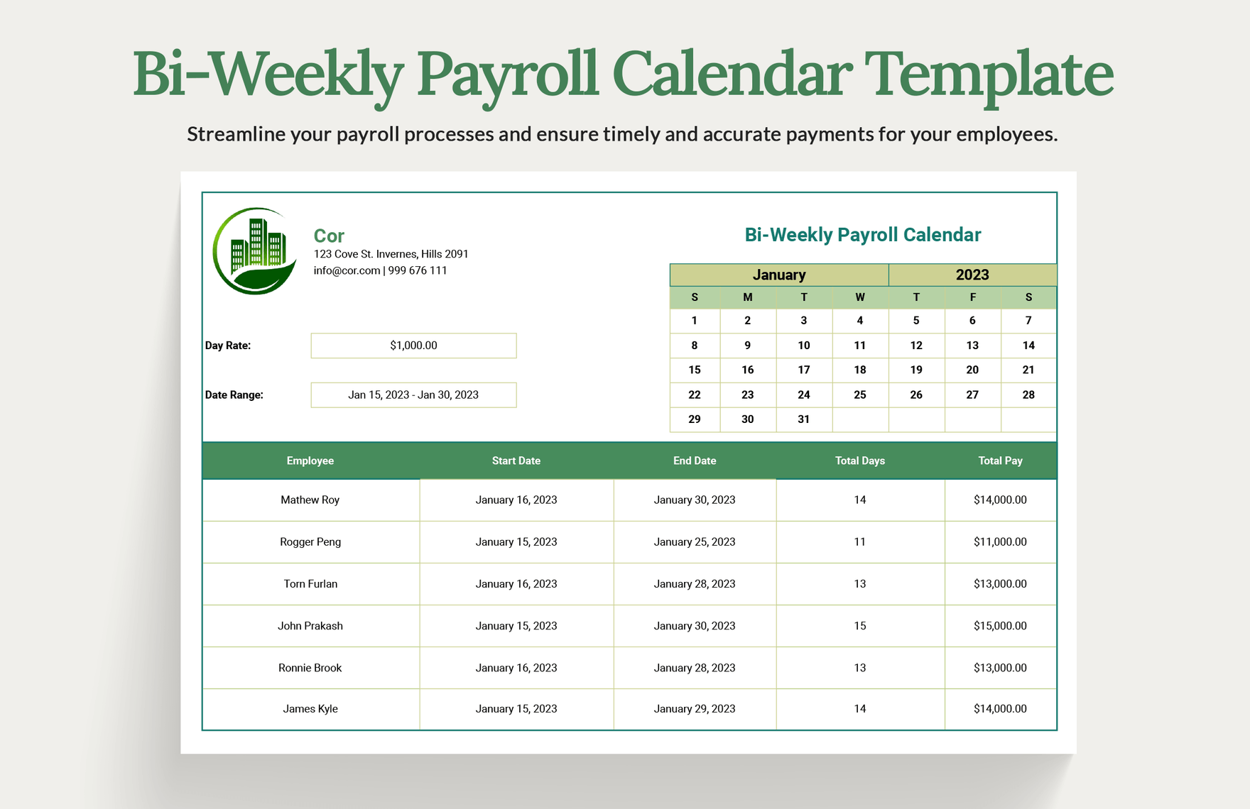 2024 Biweekly Payroll Calendar Template Excel Pdf Download