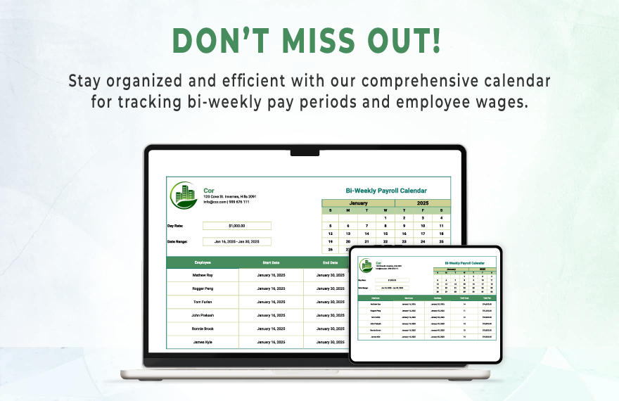 Bi-Weekly Payroll Calendar Template