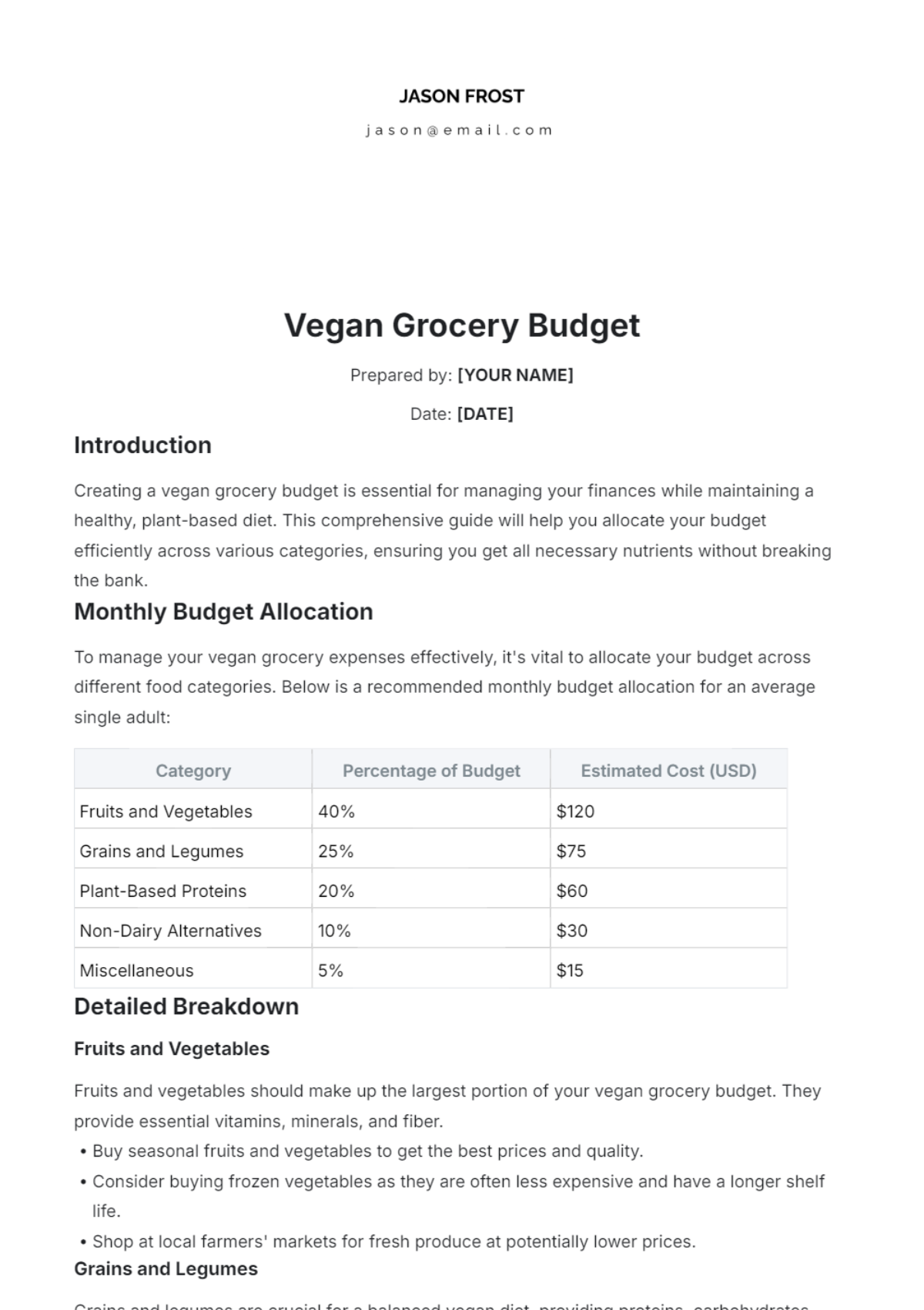 Vegan Grocery Budget Template - Edit Online & Download