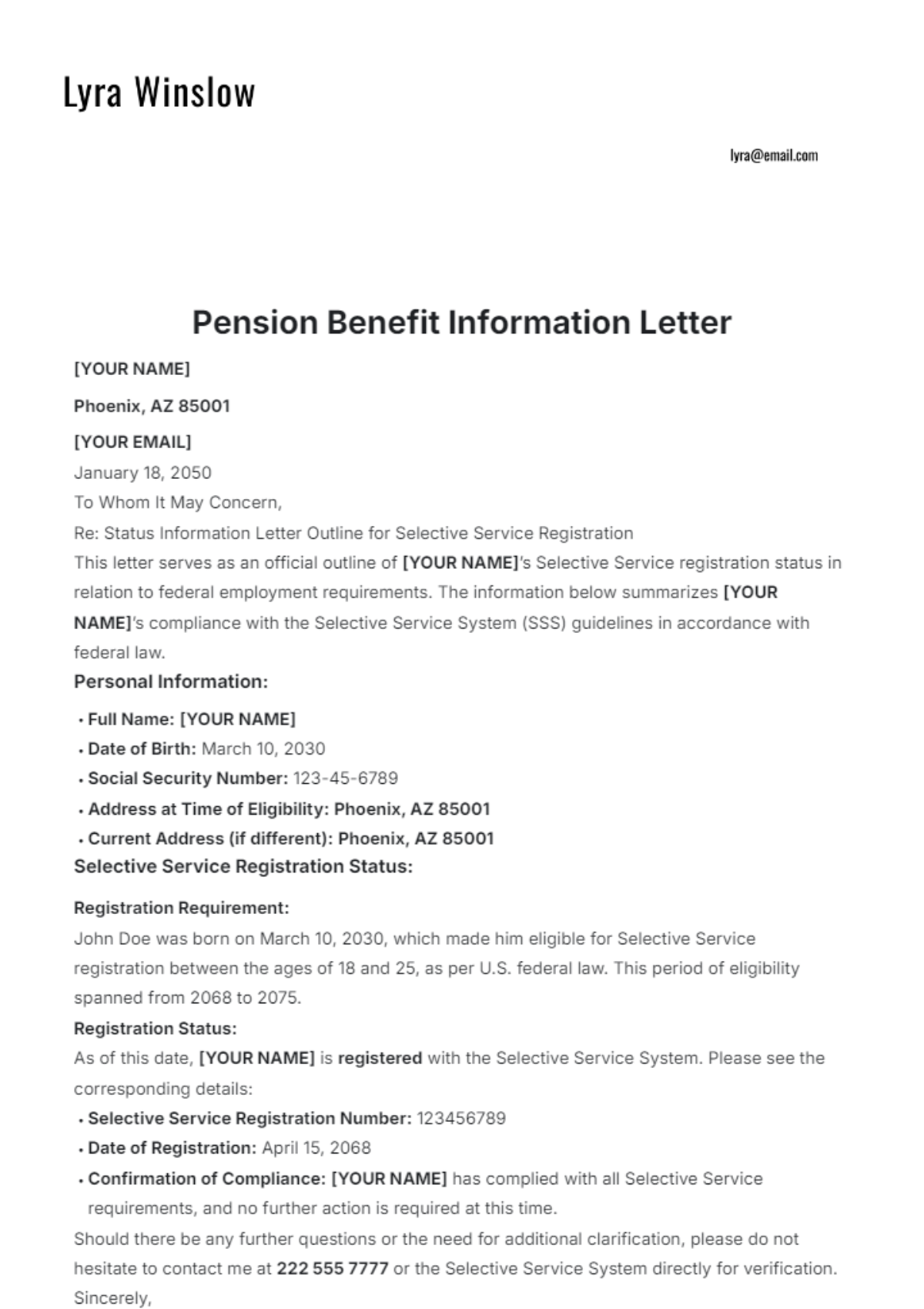 Pension Benefit Information Letter Template