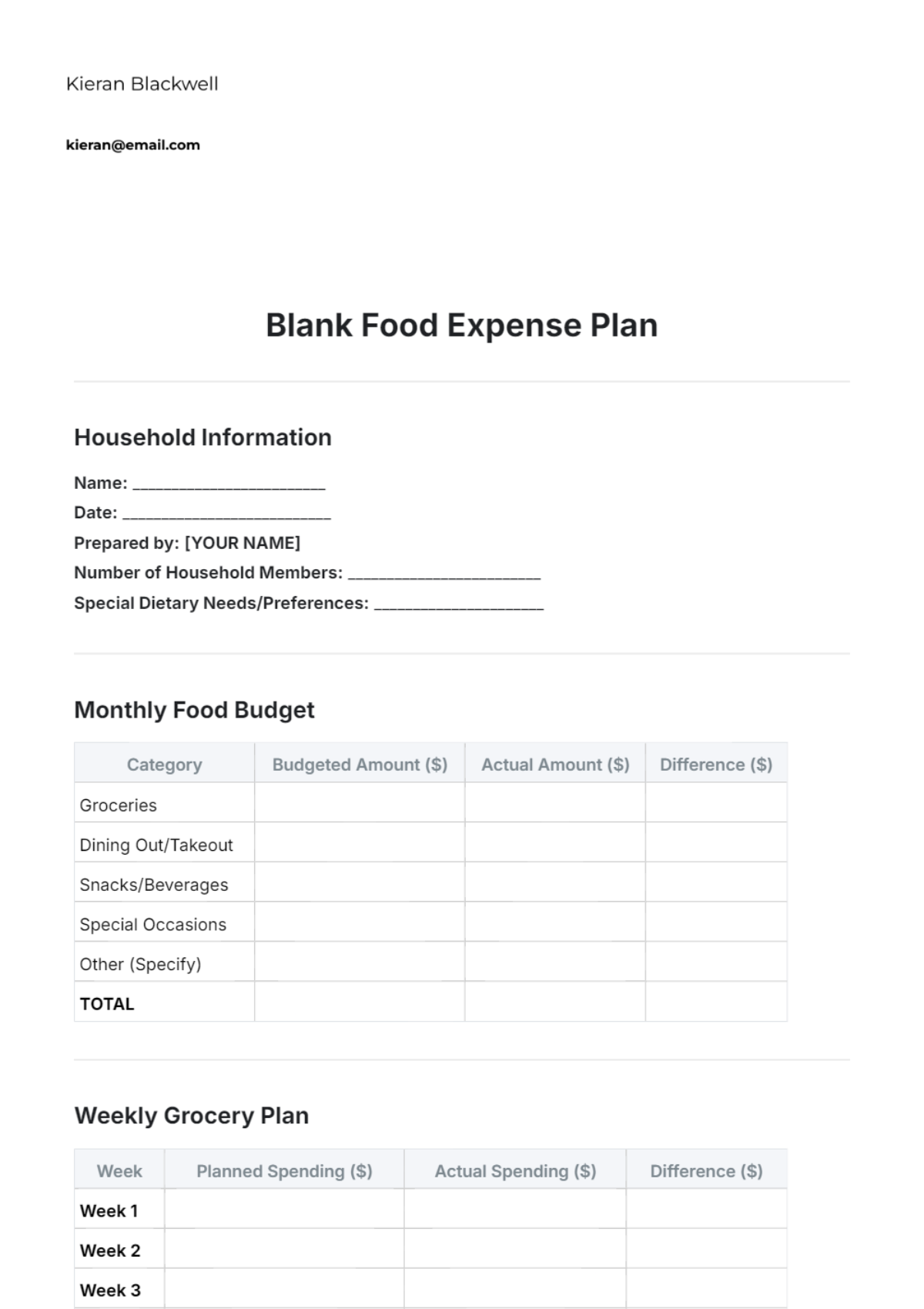 Blank Food Expense Plan Template - Edit Online & Download