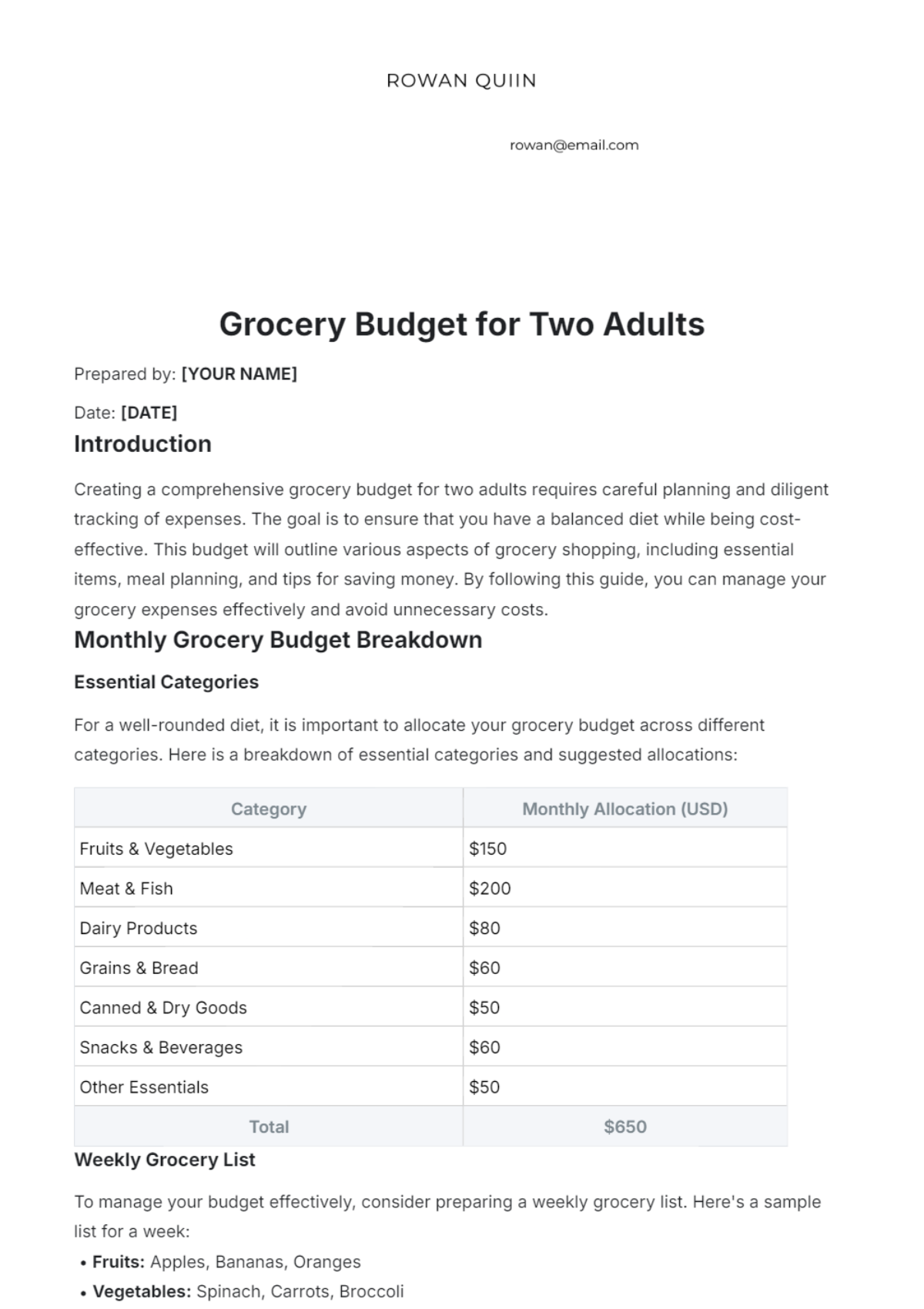 Grocery Budget for Two Adults Template - Edit Online & Download