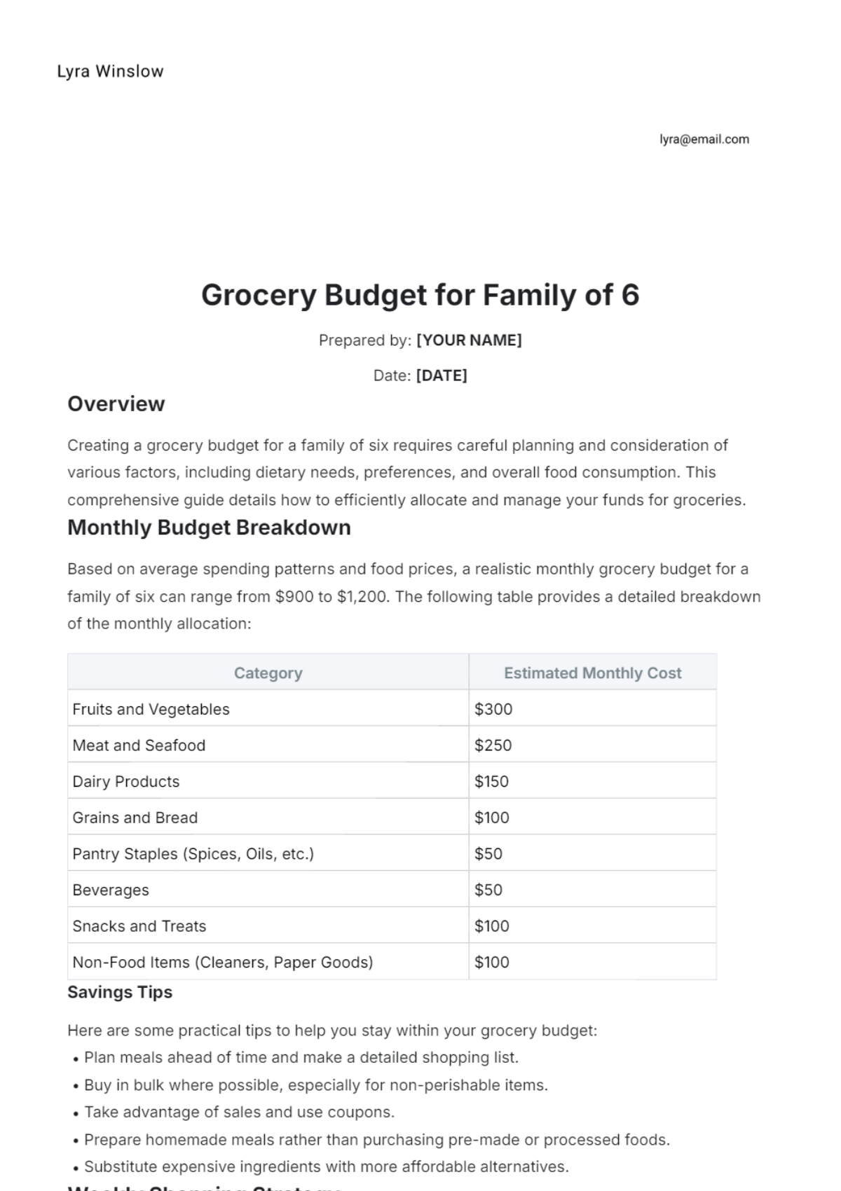 Grocery Budget for Family of 6 Template - Edit Online & Download