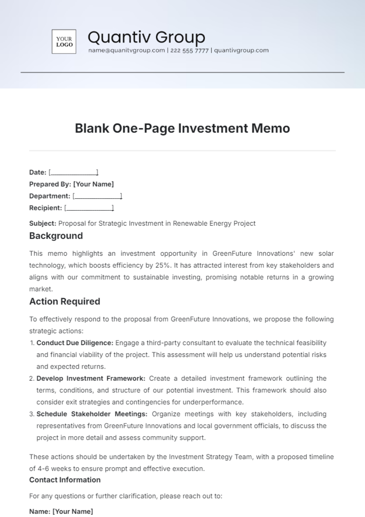 Blank One-Page Investment Memo Template - Edit Online & Download