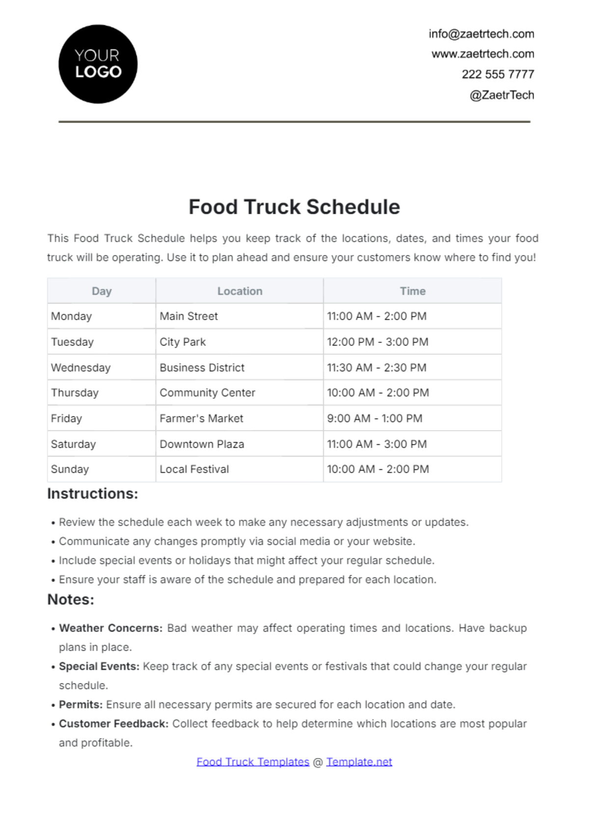 Food Truck Schedule Template - Edit Online & Download