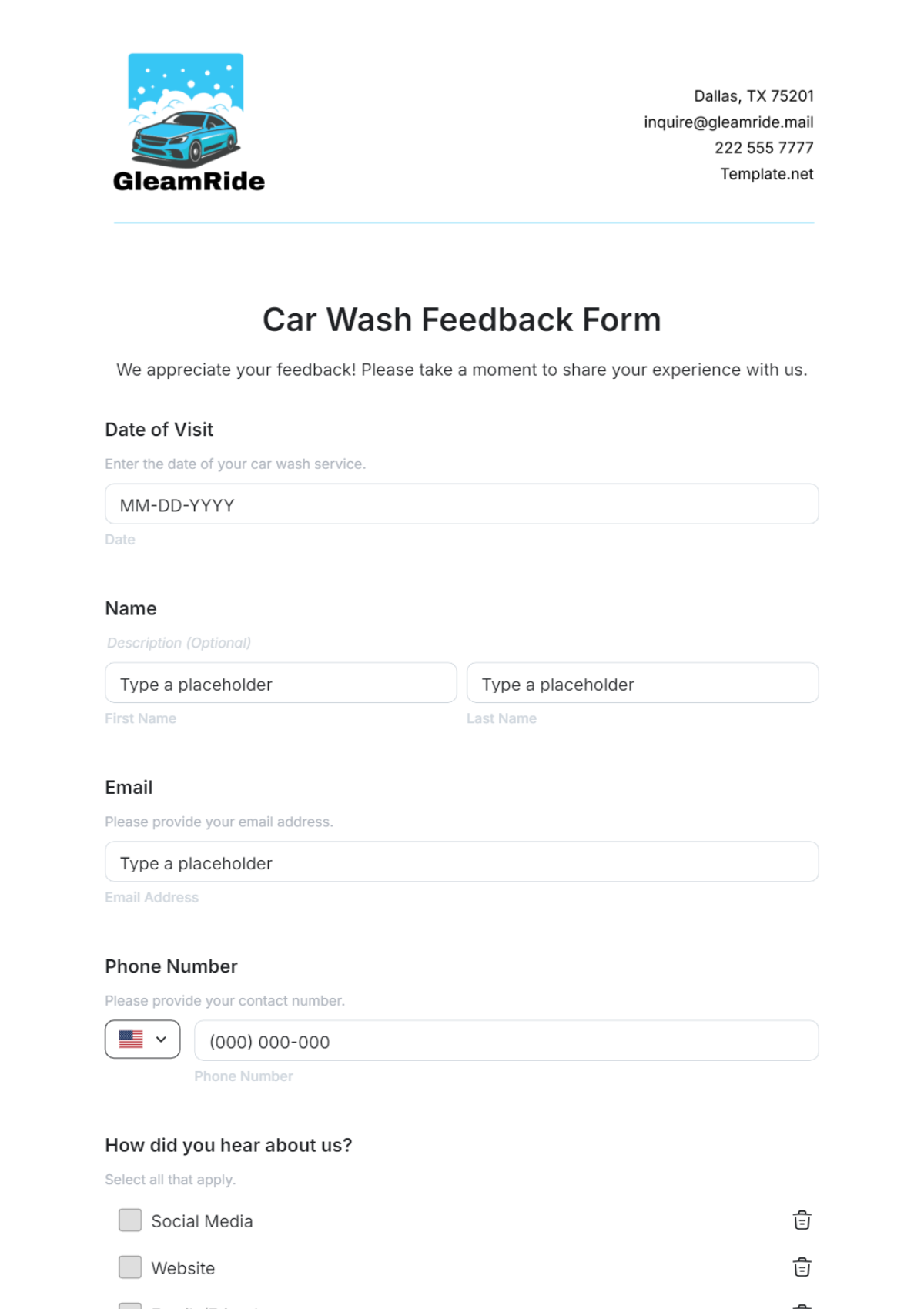 Car Wash Feedback Form Template - Edit Online & Download