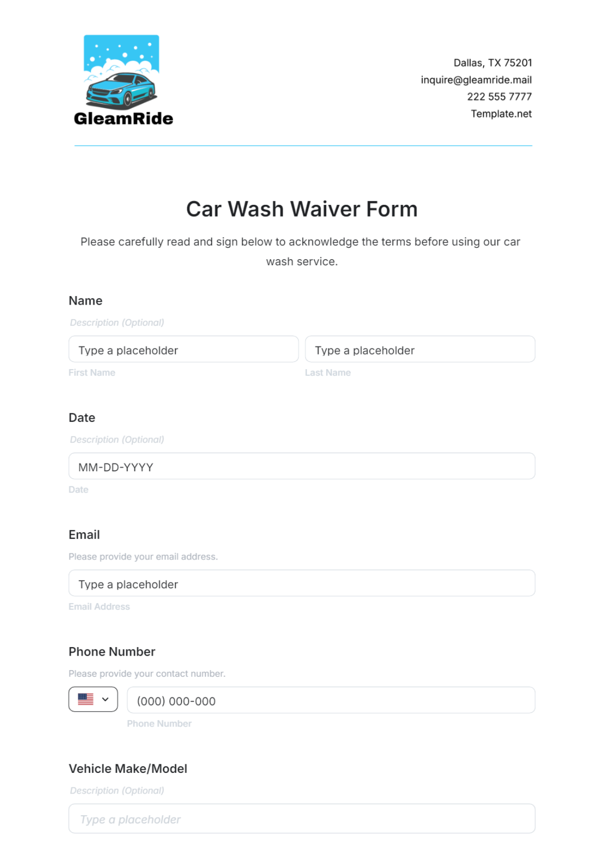 Car Wash Waiver Form Template - Edit Online & Download