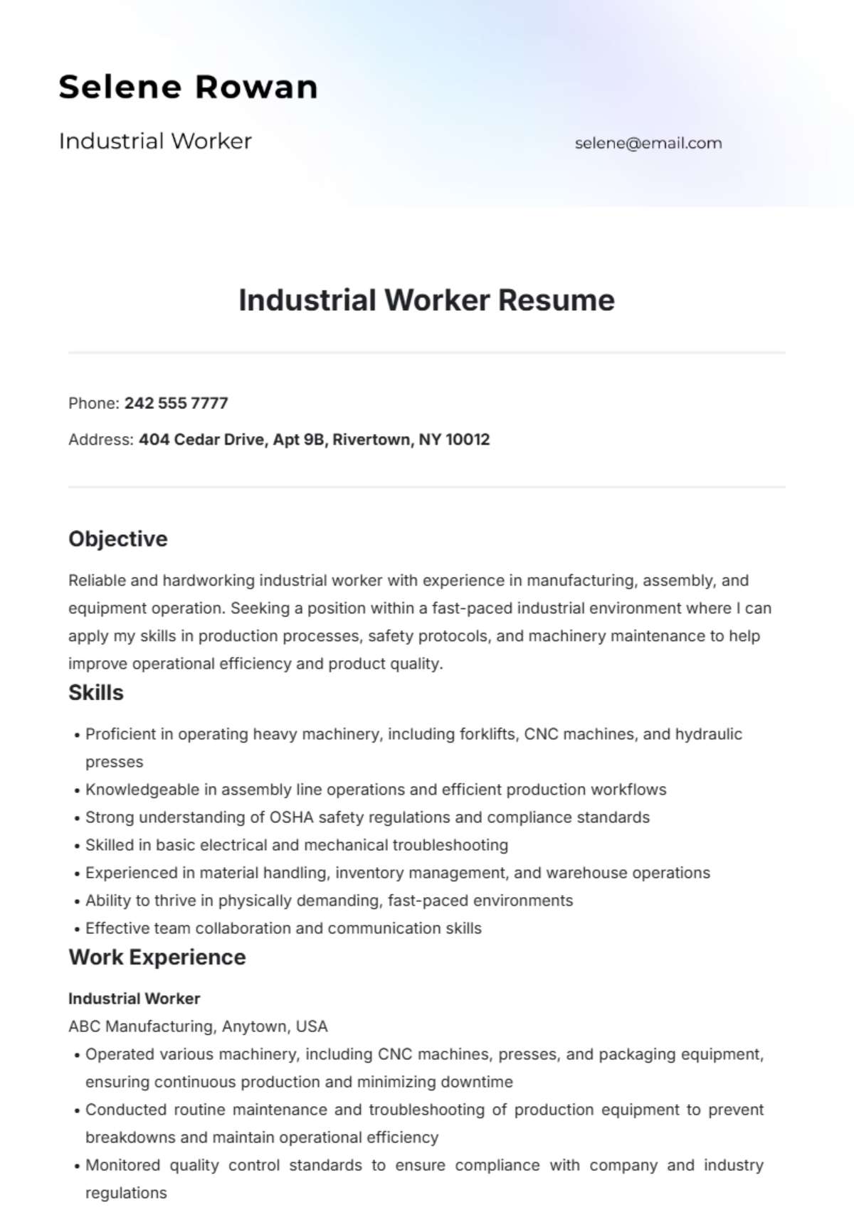 Industrial Worker Resume Template - Edit Online & Download